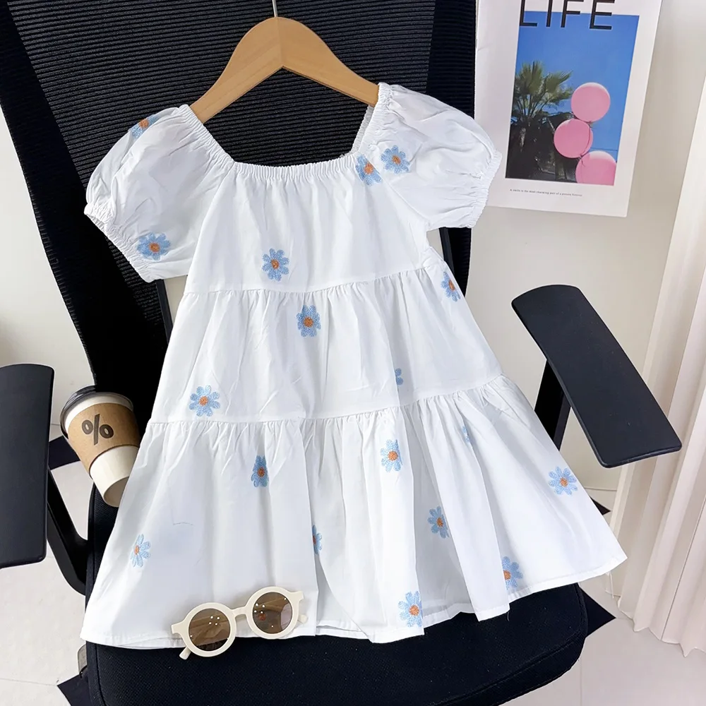 الفتيات الصيف موضة نفخة الأكمام لطيف بلون ألف خط فستان الأميرة 1 قطعة 3-7 سنوات الأطفال الحلو ملابس كاجوال