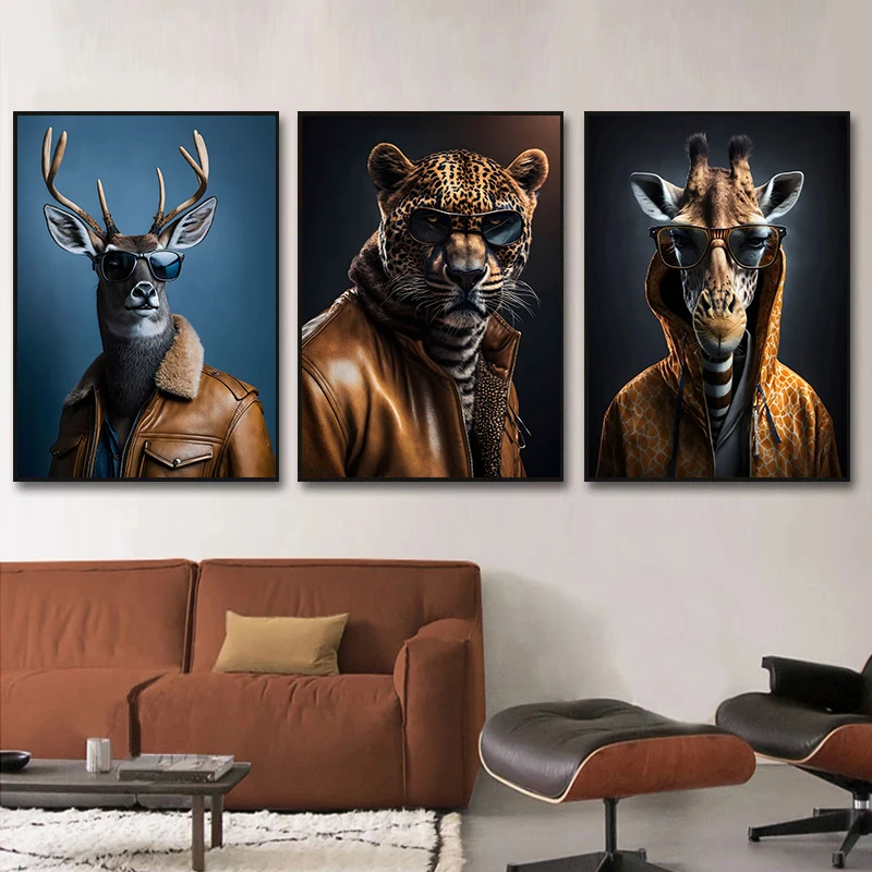 Human Body Animal Head Posters Lion Suit Giraffe Tiger with Glasses Pictures Modern Wall Art Paintings Living Room Home Decor