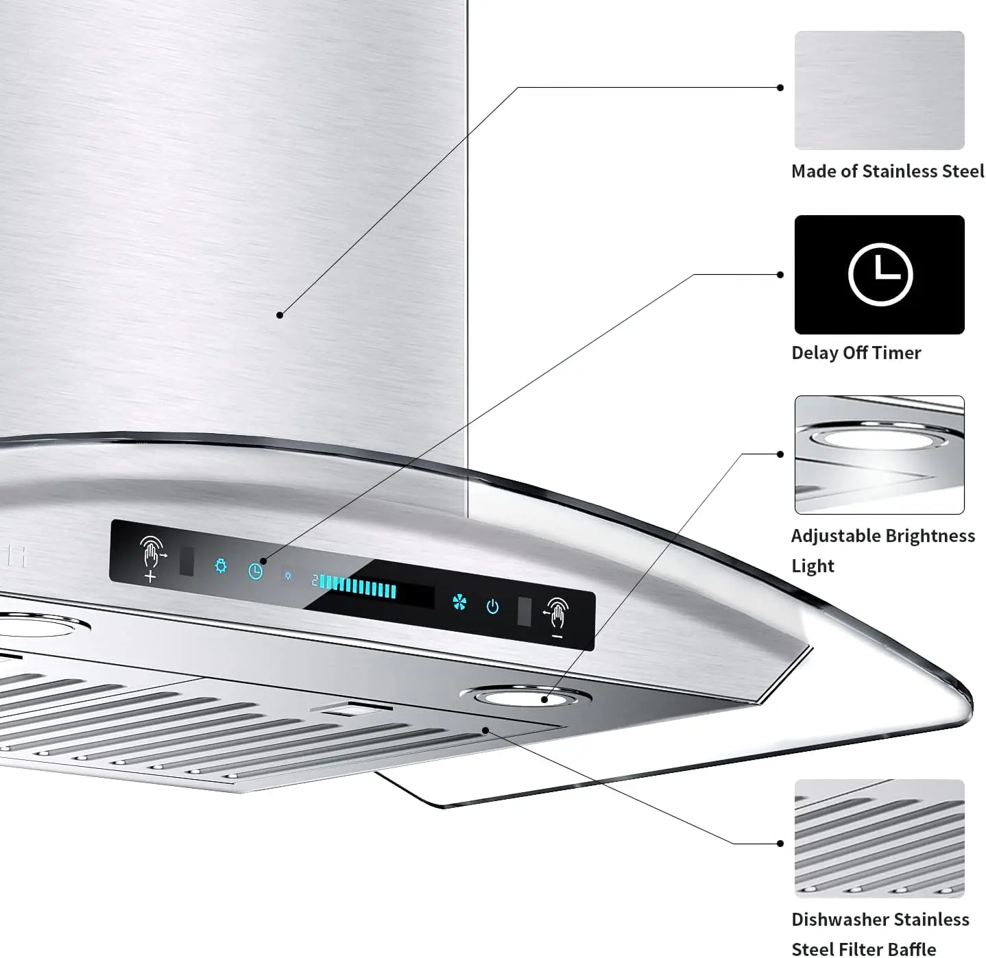 Campana extractora de montaje en pared de 30 pulgadas de vidrio templado 900 CFM, ventilación de chimenea de cocina de acero inoxidable con detección de gestos y control táctil