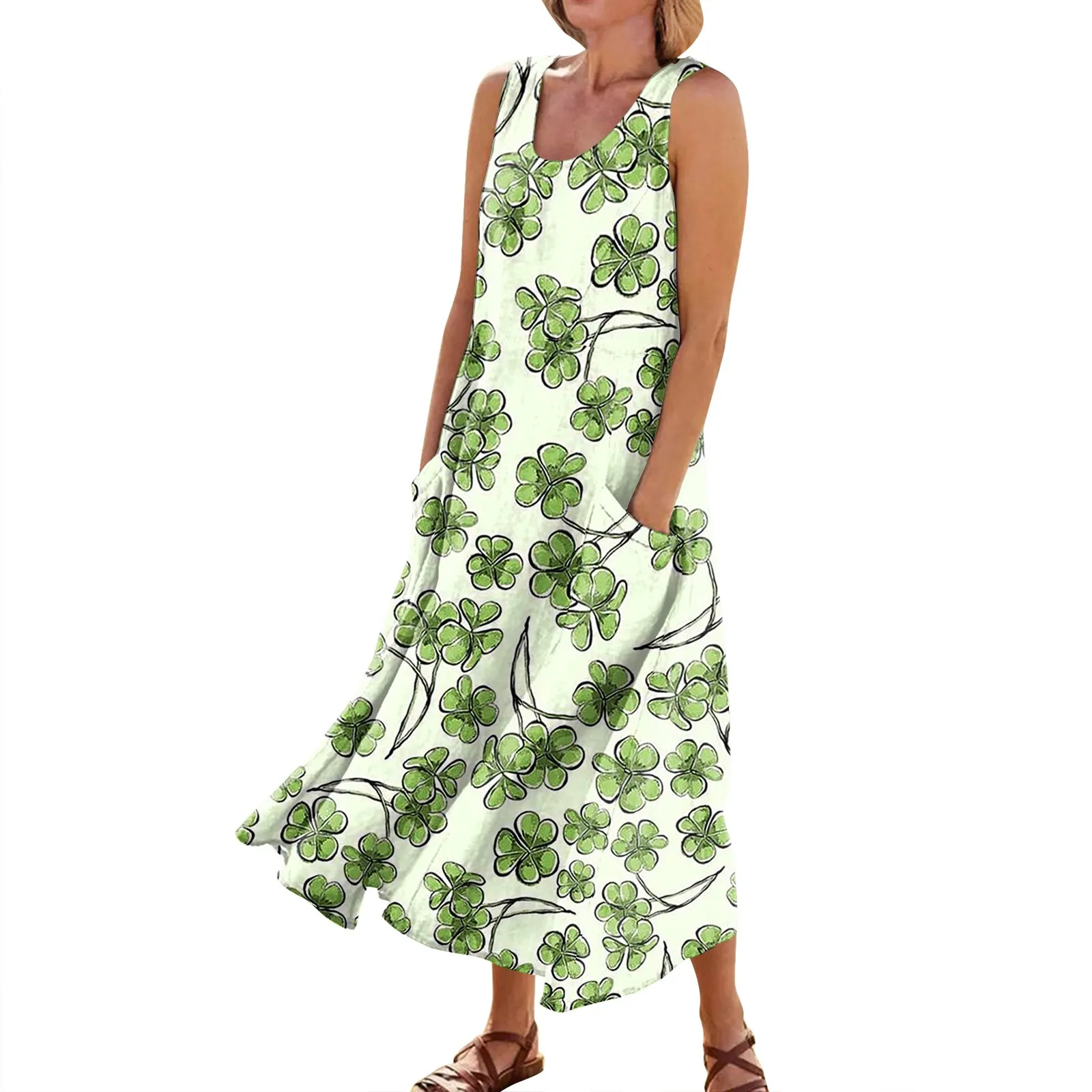 Happy St. Patricks Day Sweet Elegant Dress Women Sleeveless V Neck Dress Green Patrick Clovers Printed Dress With Pocket