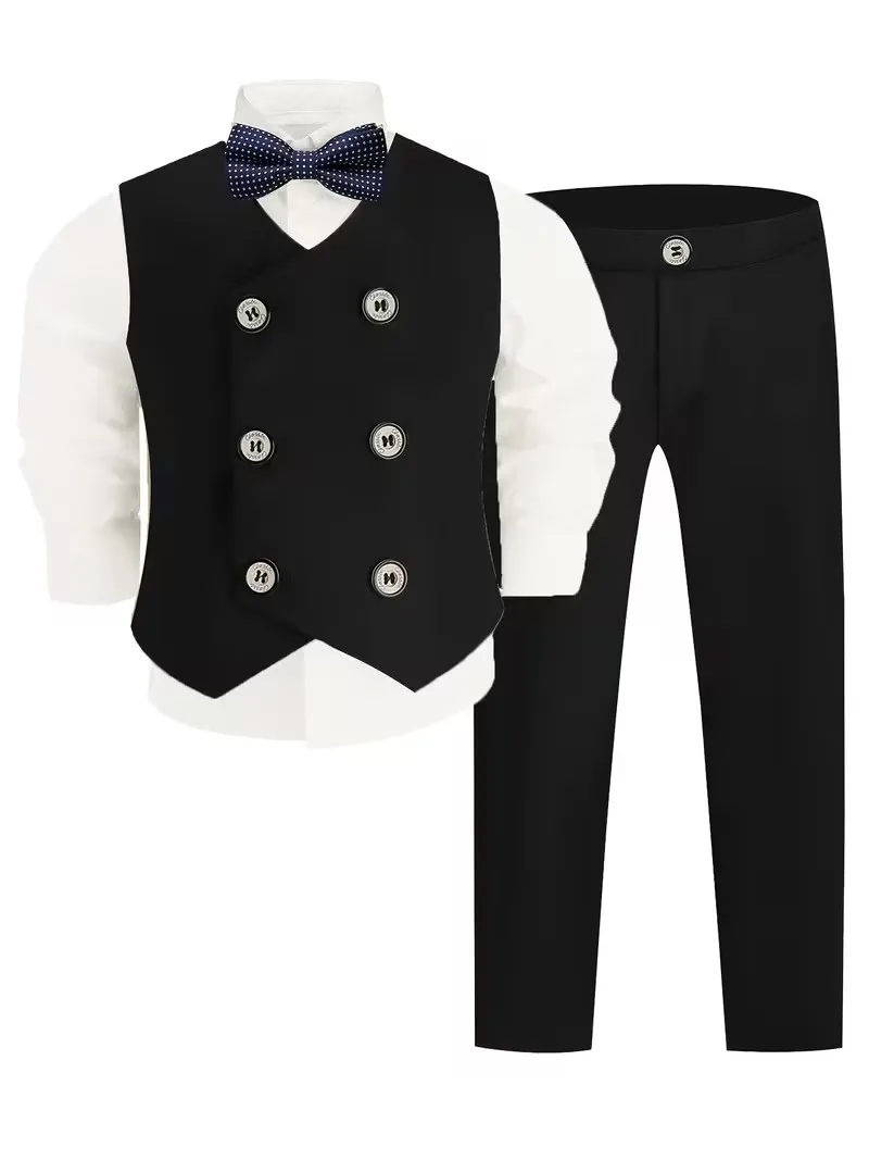 80-150 Boys Summer Black 4Pieces/Set Vest Shirt Pants Bowtie Photography Suit Kids Wedding Dress Children Ceremony Costume