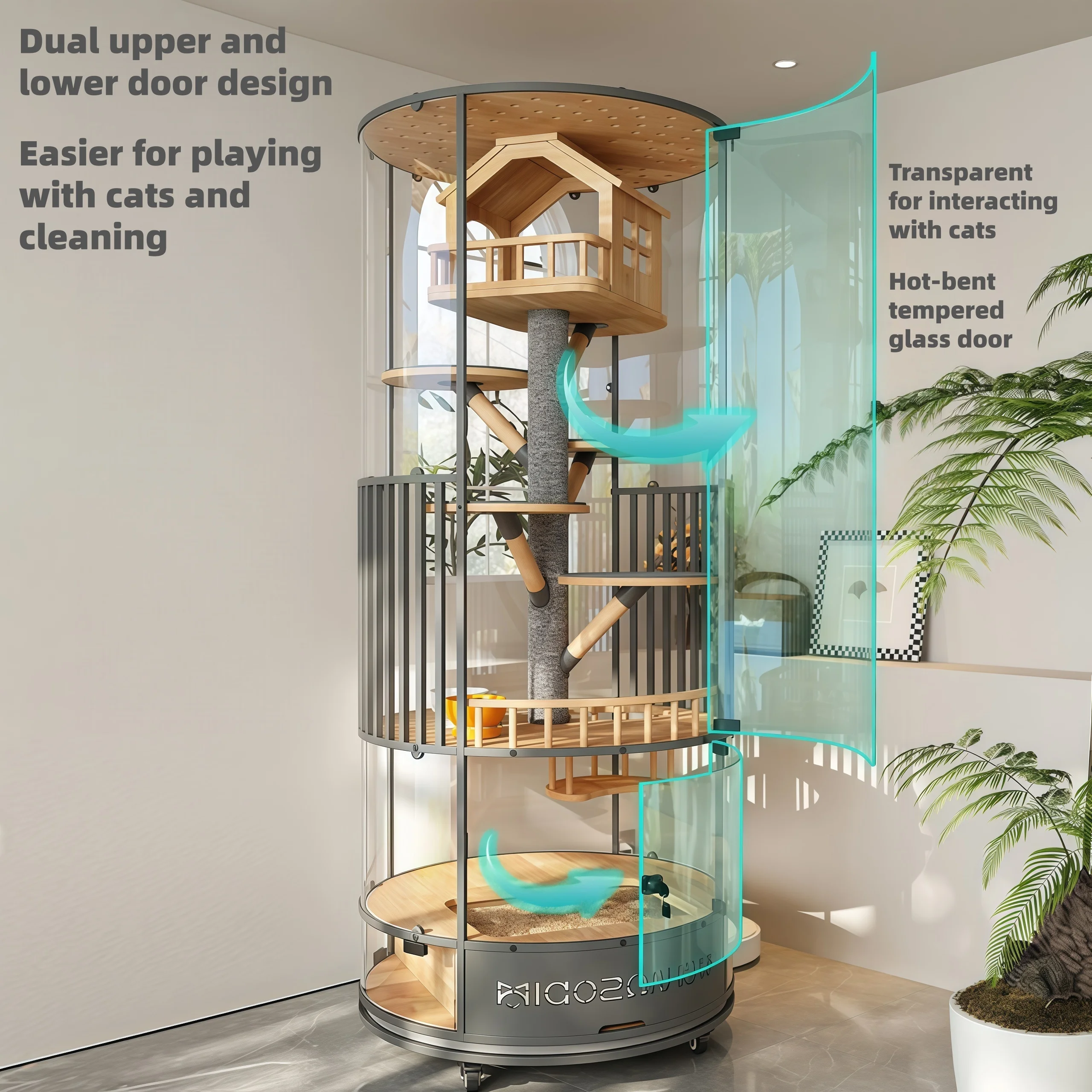 Panoramic Transparent Glass Rotating Cylindrical Wood Cat Villa Modern Luxury Indoor Cat Cage With Integrated Litter Box
