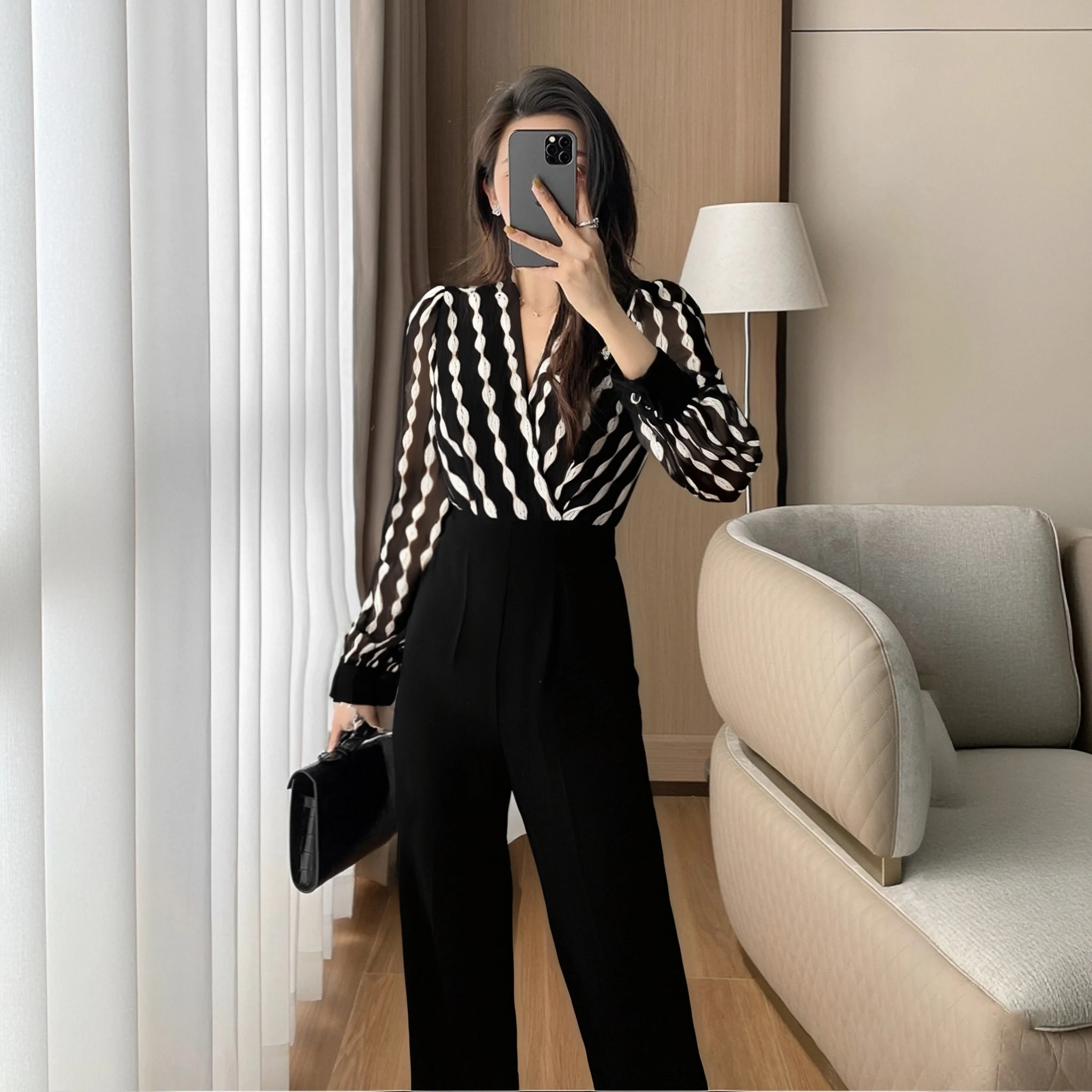 

Весна 2026: Модные женские брюки-комбинезон с высокой талией, универсальные, облегающие, с широкими штанинами, из высококачественного полиэфирного волокна