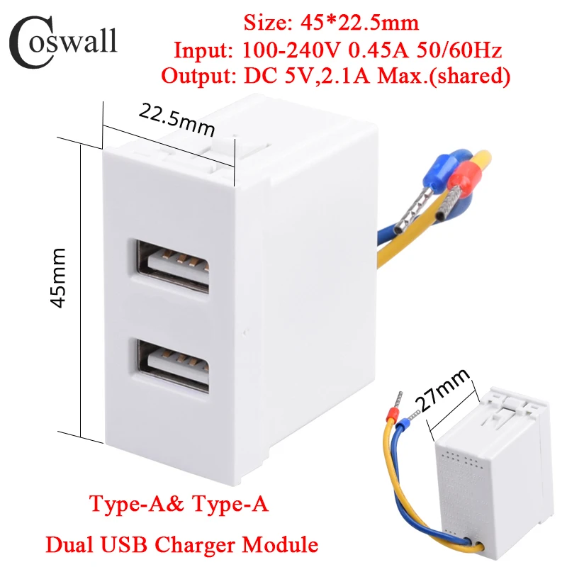 COSWALL E45 / P45-Serie Weiß / Schwarz 45 * 22,5 mm Wandsteckdose Typ C & A Dual-USB-Ladegerät DC 5 V, 2 A max. Modul DIY AC 100-240V – Detail 9