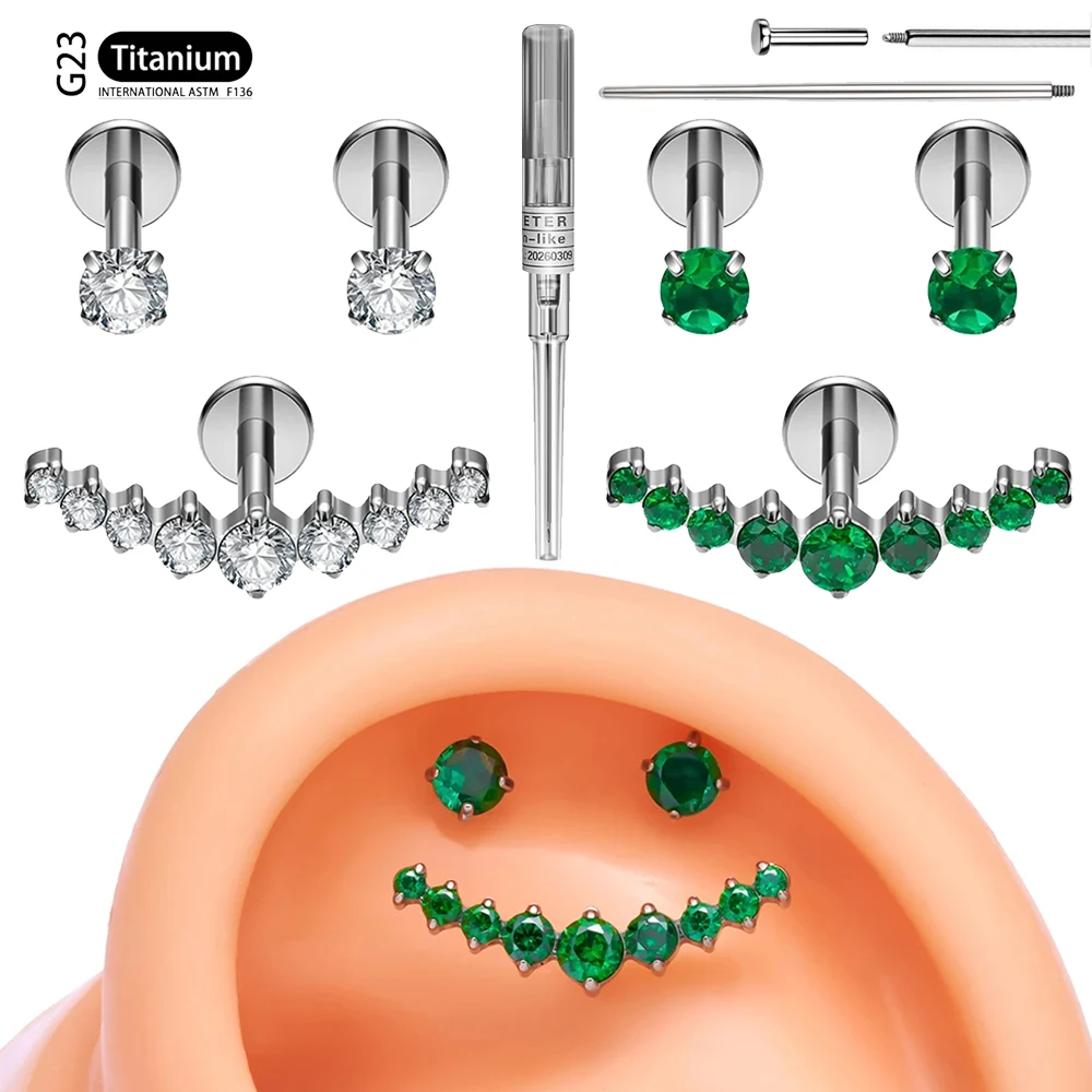 3Pcs/Set G23 Astm F136 Titanium 16G Happy Smile Stud Cubic Zirconia Earrings  Internally Threaded Flat Back Piercing Labret Ring
