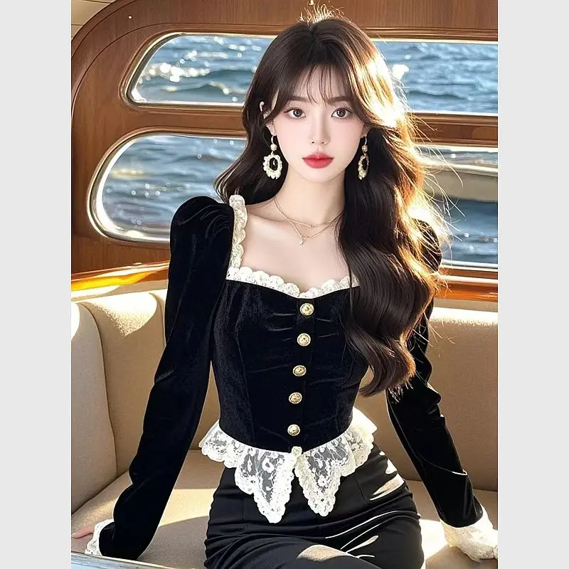 

French Lace Patchwork Short Blouse Long Sleeve Slim Temperament Blue Velvet Shirt Women Tops Vintage Korean Elegant Office Lady