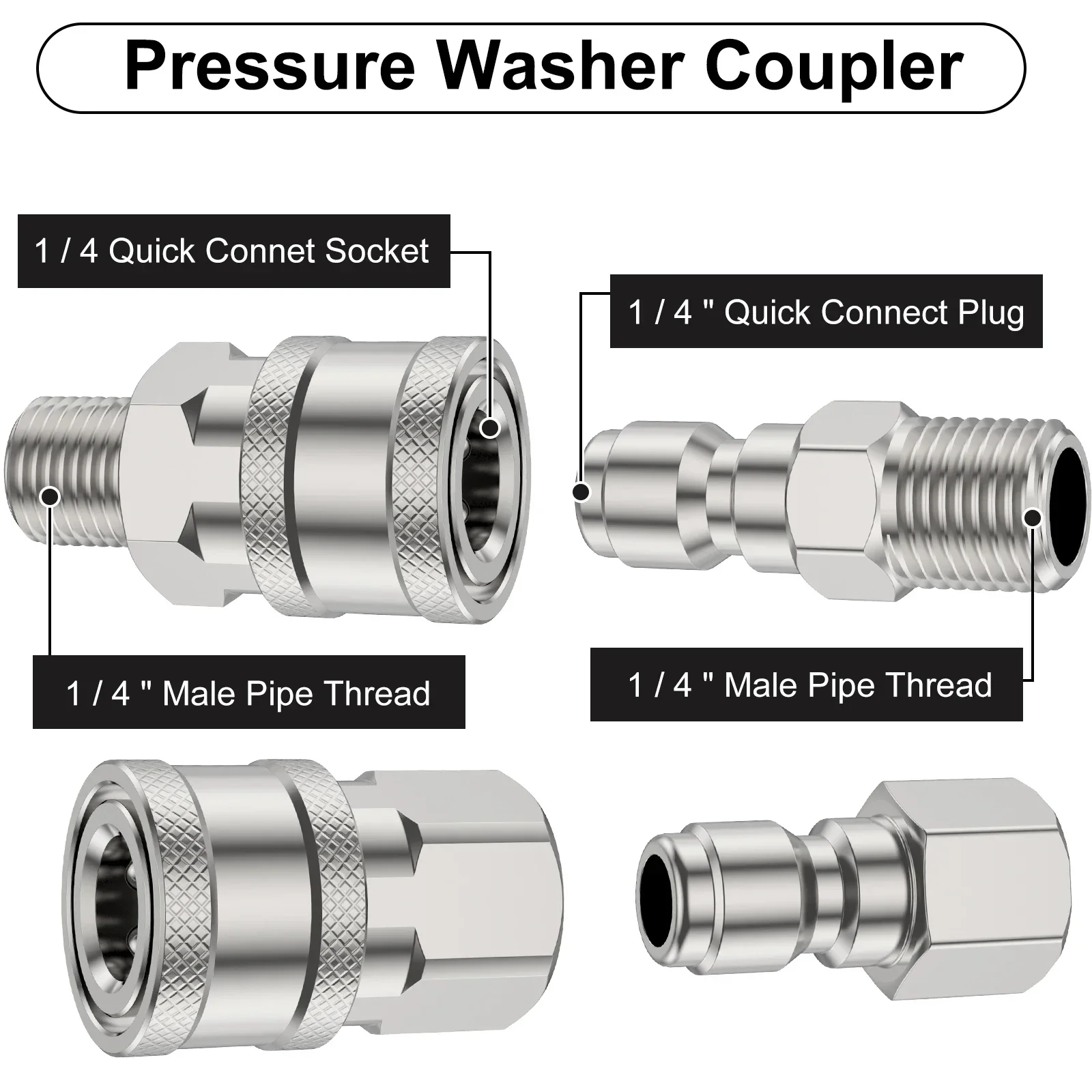 4Pcs Pressure Washer Adapter 5000PSI Stainless Steel Male and Female 1/4 High Pressure Washer Quick Connector Fittings Washer