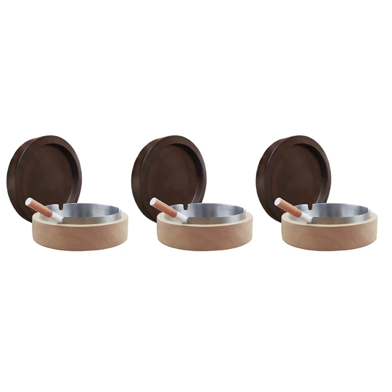 

3X Ashtray For Outside With Lid, Wind Ashtray For Outside Balcony, Ashtray Stainless Steel + Wood Odor-Proof Smoking -S