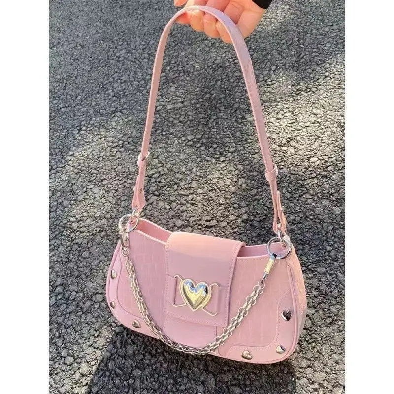 

JIAERDI Hot Grils Y2k Handbag Women Vintage Sweet Cool Heart Chain Pink Underarm Bag Female Fairycore Aesthetic Shoulder Bag new