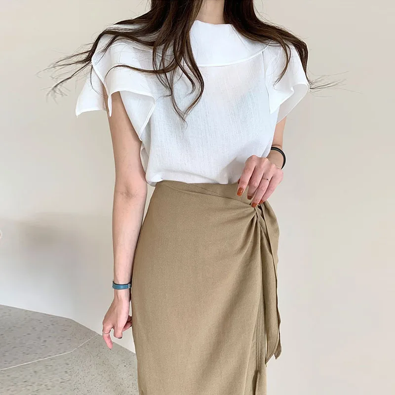 

Chic Summer Simple round Neck Loose Flounce Sleeve Shirt High Waist Belted Asymmetrical Design Half Skirt Women's Cotton Blend