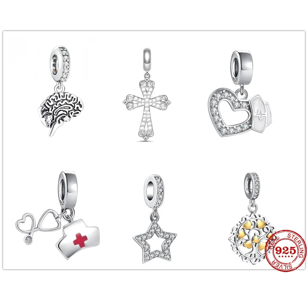 

New 925 Sterling Silver Star Jesus Cross mom Heart Bead Charms Fit Original Pandora charm Bracelets Women DIY Jewelry