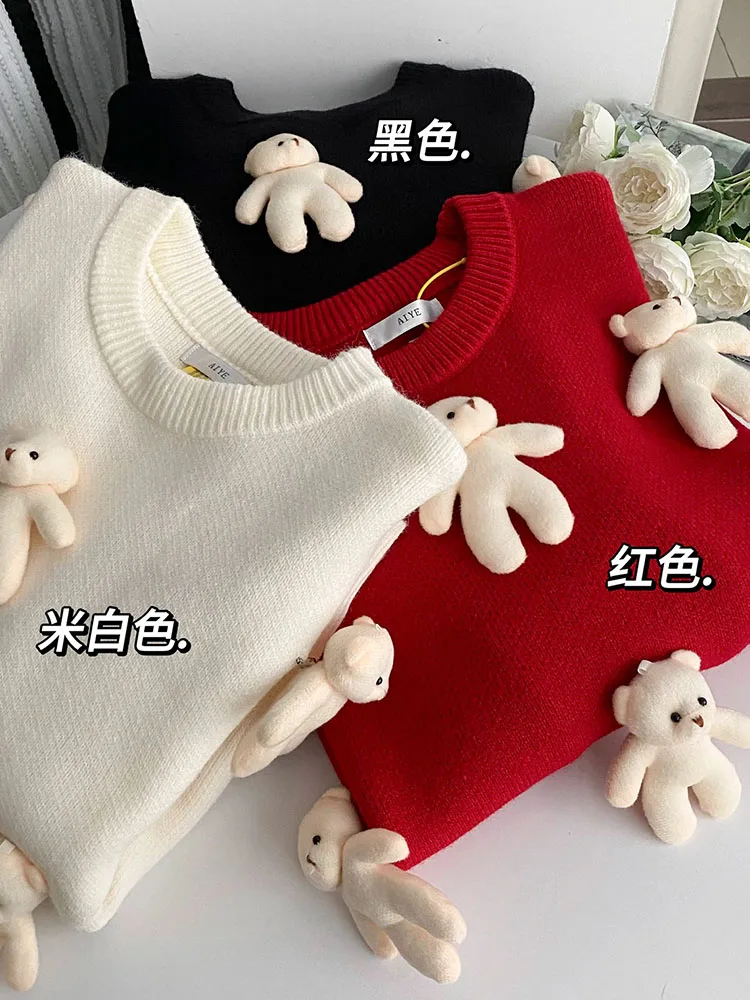 Preppy Style T-Shirts Women Christmas 3D Bear Cartoon Kawaii Long Sleeve Crochet Top Y2K Oversized Knitted Tees 2000s Aesthetic