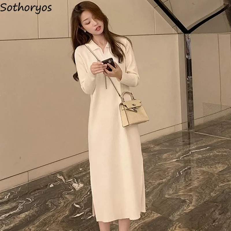 

Turn-down Collar Dresses Women Spring Newest Simple Solid Dress Mid-calf Females Elegant Retro Side-slit Streetwear Chic Gentle