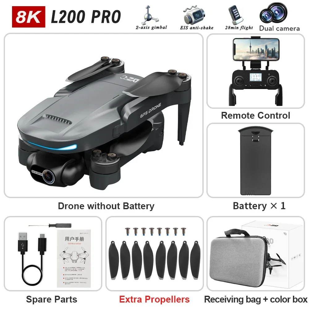 New L200 PRO MAX 4K Professional Drone GPS EIS Dual Camera Obstacle Avoidance Flight 2-axis PTZ Brushless Helicopter GPS RC toys