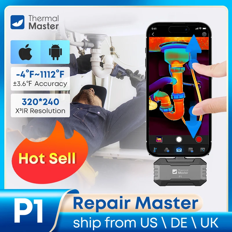 Caméra d'imagerie thermique P1 320*240 résolution X3IR 1112 ℉   Maître thermique d'inspection de fuite d'eau 25 Hz pour téléphone iPhone et Android