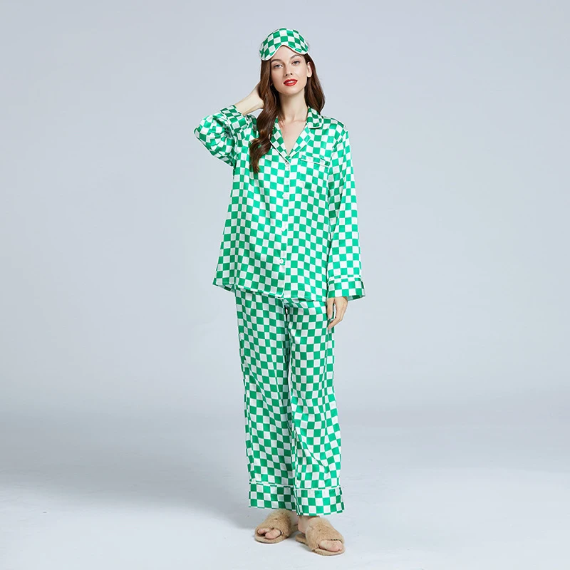 

19 Momme Check Pattern Long Silk Pajamas