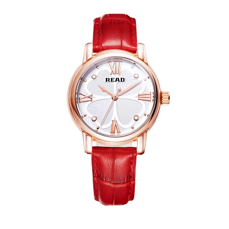 READ Ladies Elegant Quartz Wrist Watch | Clover Pattern Dial | Red Leather Strap | Daily Water Resistant Women Casual Watch