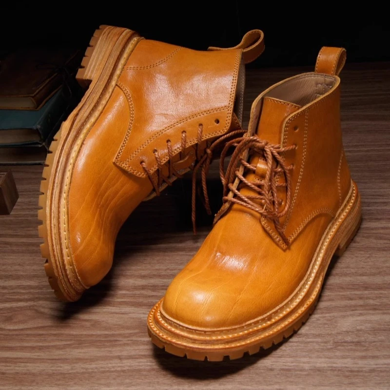 Men'S Shoes For Work - Hand-washed Texture Distressed Cow Leather High