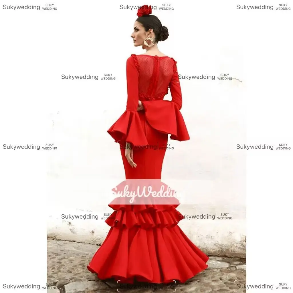 Vestido de fiesta de flamenco rojo, vestido de baile para mujer, vestidos de fiesta de manga larga con volantes cuadrados, vestidos para ocasiones formales personalizados