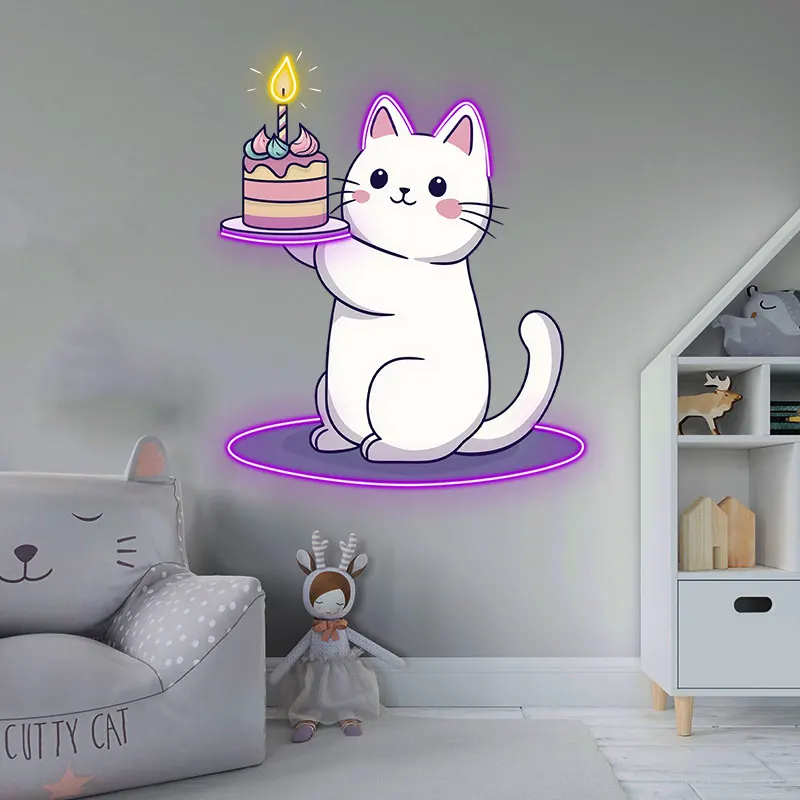 Cute Cat Birthday Neon Light, LED Kitty Holding Cake Sign, Birthday Party Decor Light, Gift for Cat Lovers & Kids Celebration