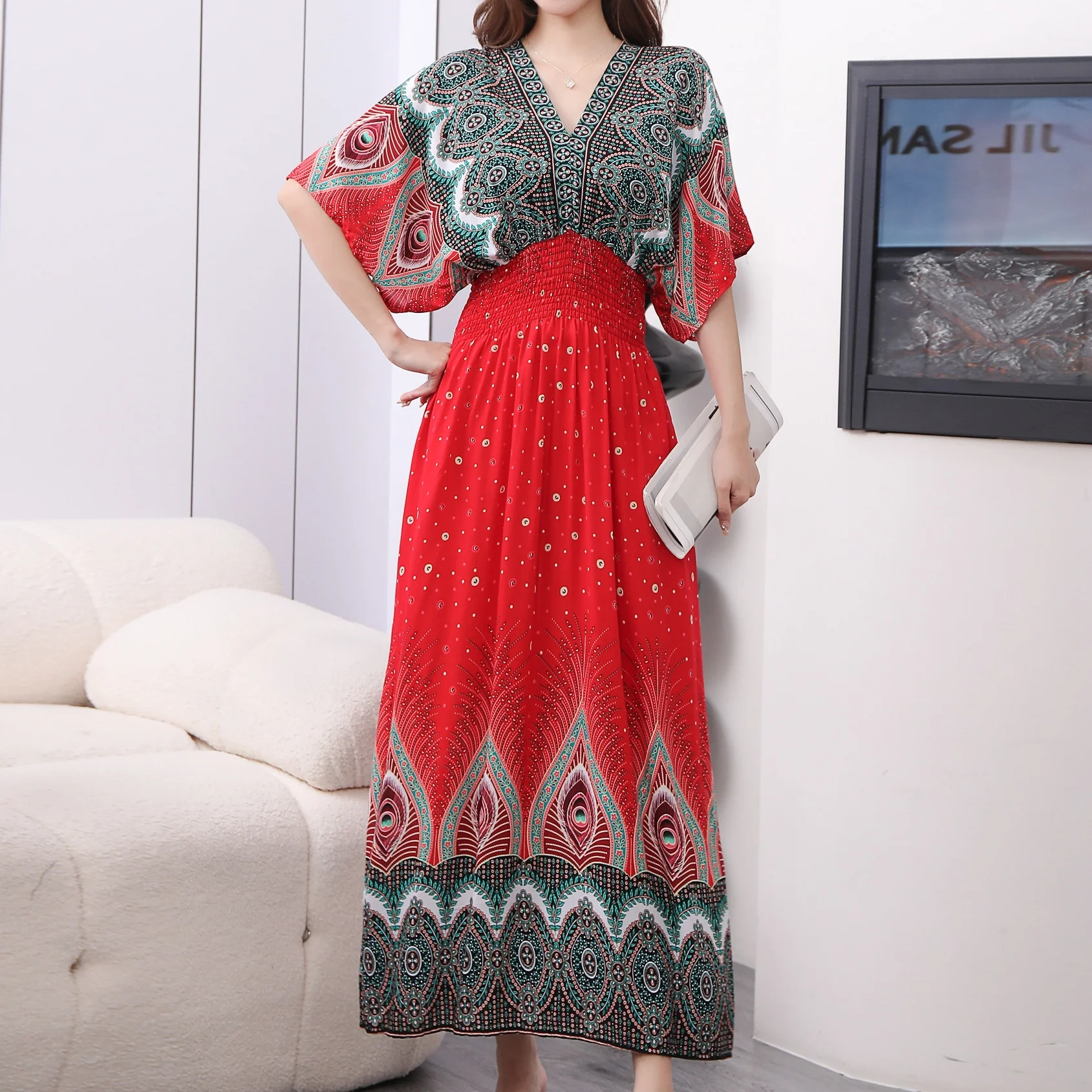 Vintage Retro Women\'s Red ress New In Office Lady Party Dress V-Neck Short Sleeve A-Line Dress Elastic Waist Chic Print Dress