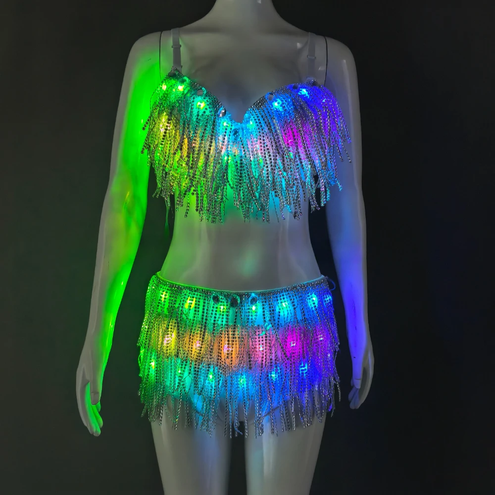 Luminous Suits Belt Show Women Reflective Face Tasseled Bra Belly Dancer Dress AccessorieLED Clothes Glowing Bra Shorts Fashion