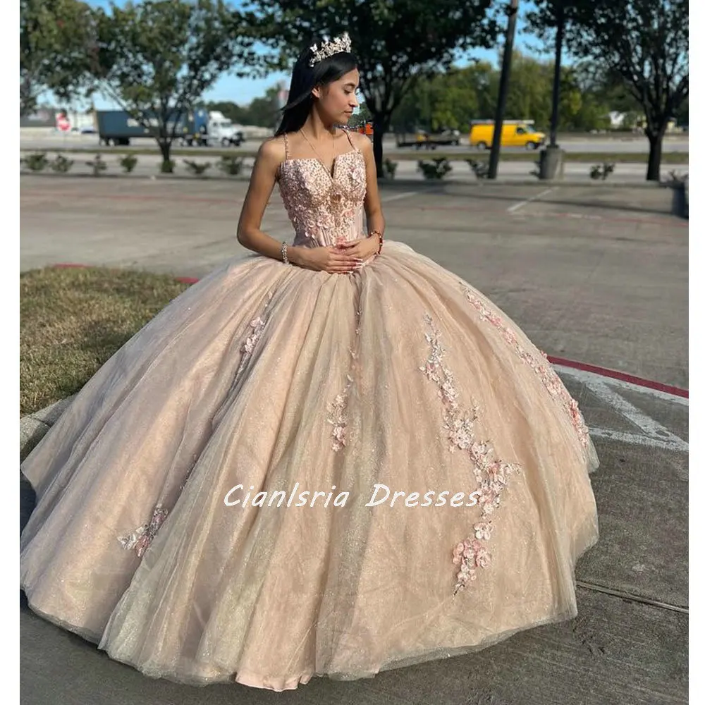 Vestido De quinceañera mexicana con tirantes finos color champán, vestido De baile con cuentas De cristal, apliques De flores en 3D, corsé, Vestidos De XV Anos