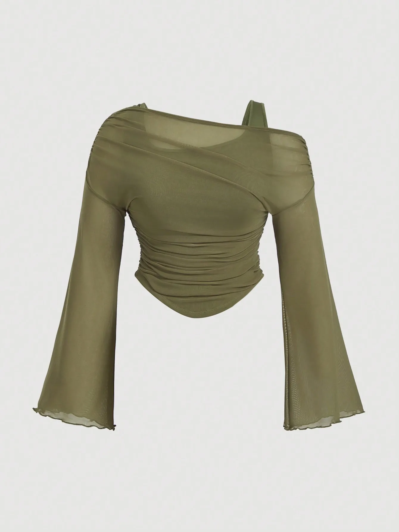 

Оливково-зеленый асимметричный топ с открытыми плечами, сетчатыми вставками, драпировкой и рукавами-колокол