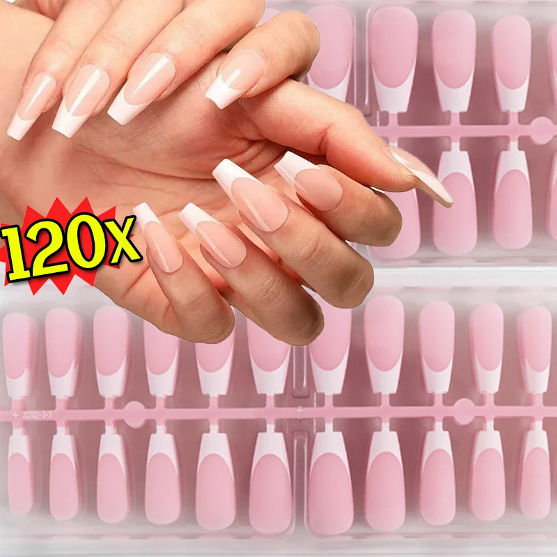 Press on Nails Tips Nude Pink Fake Nail Need Adhesive Glue Wearable Long Square Coffin French Nail Sticker Full Cover False Nail