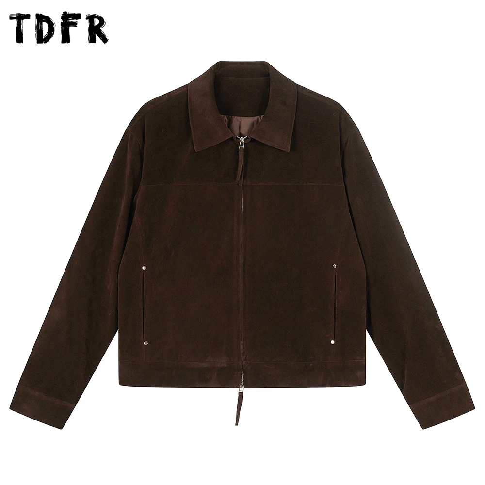 Retro Suede Lapel Jacket Mens Spliced Solid Color Autumn Winter Casual Loose Long Sleeve Outerwear Man