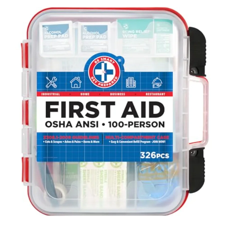 

Be Smart Get Prepared First Aid Kit Hard Red Case 326 Pieces Exceeds OSHA and ANSI Guidelines 100 People - Office, Home, Car, S