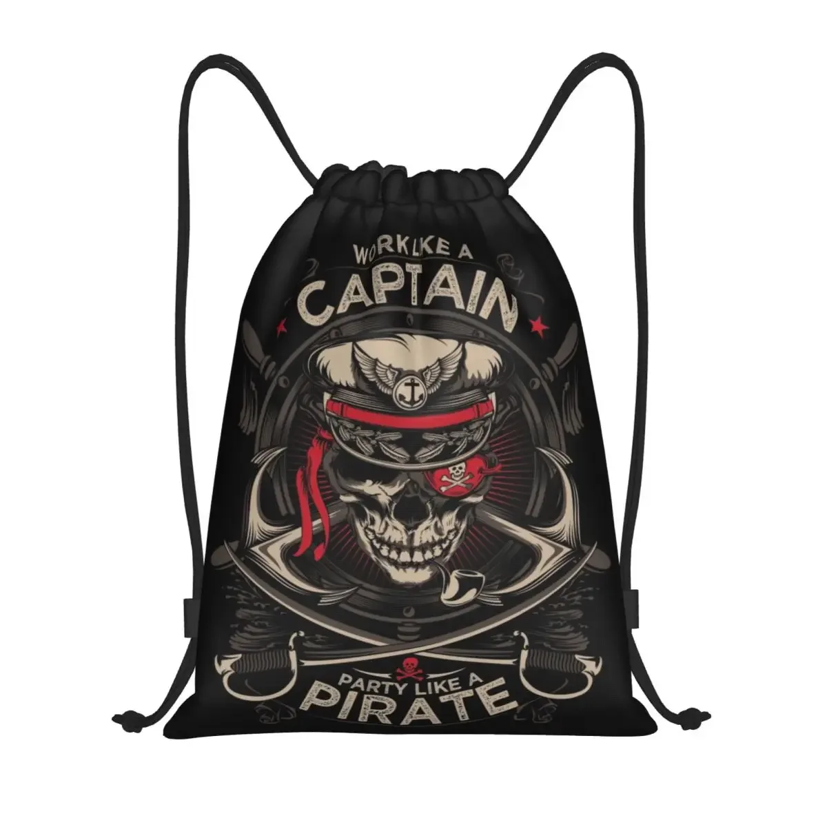 Work Like A Captain Party Like A Pirate Drawstring Bags Gym Sports Sackpack Nautical Skull Sailor Shopping Storage Backpacks