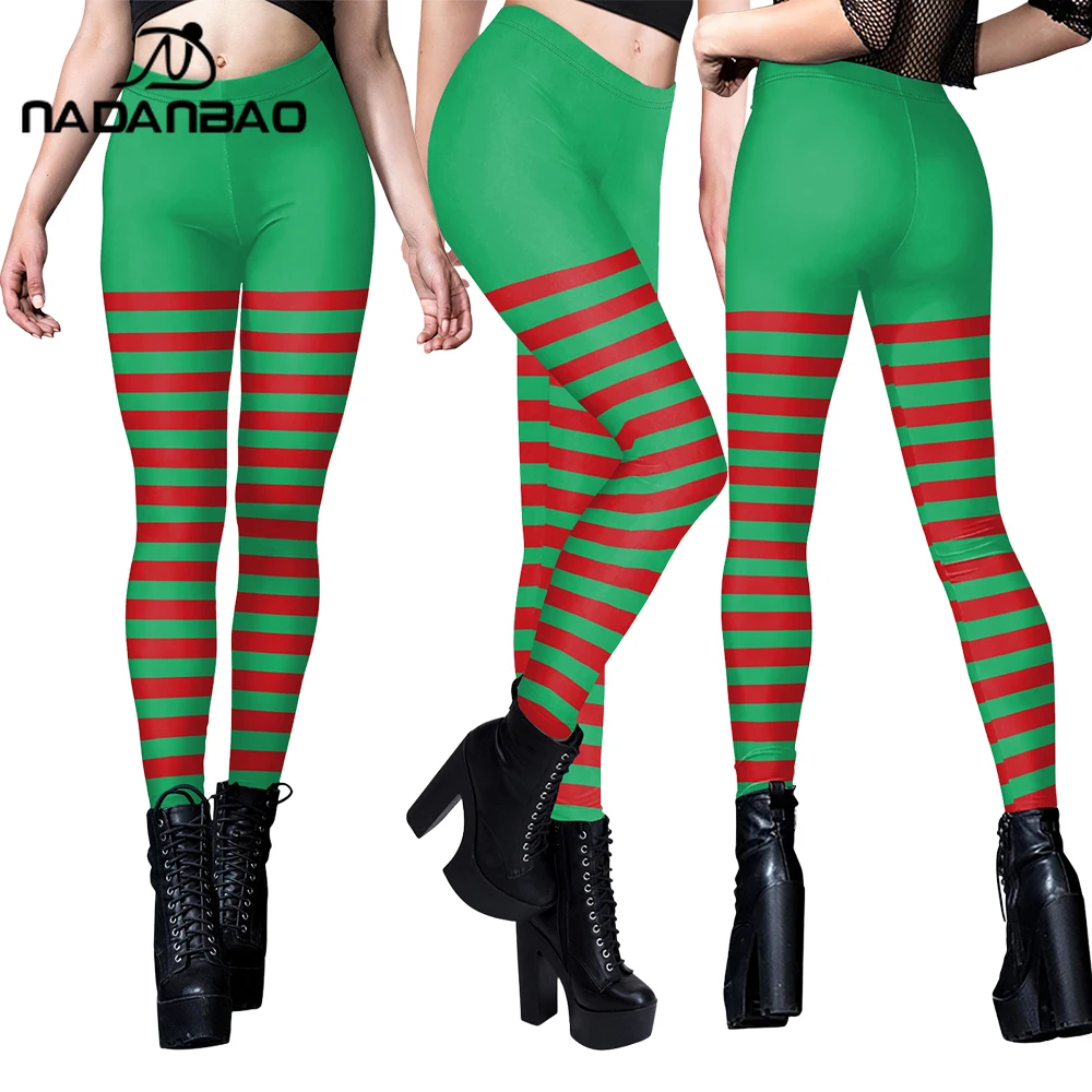 NADANBAO Red Green Striped Pattern Leggings for Women Summer Mid Waist Christmas Pants Casual Slim Tights Lady Workout Trousers