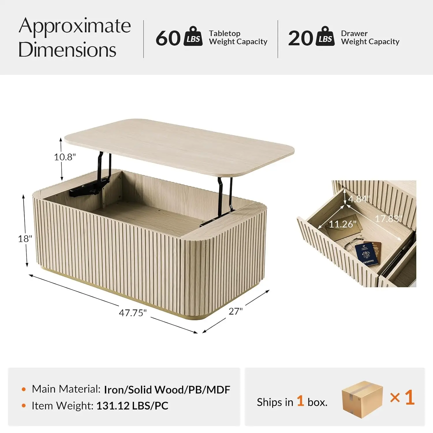 47" Lift Top Coffee Table With Storage, Large Modern Coffee Table With Drawers, Fluted Center Table For Living Room, Apartment,