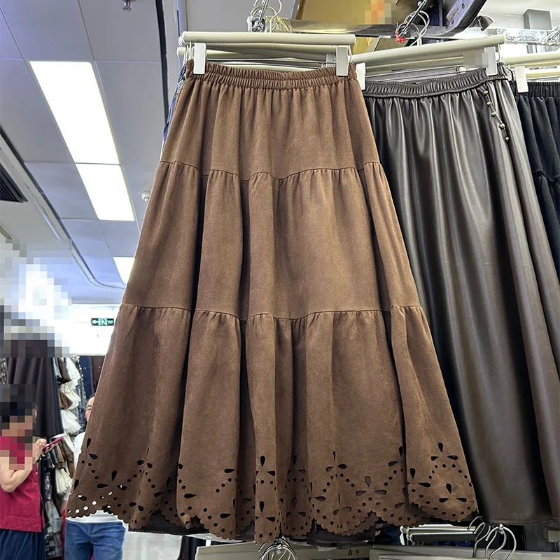 

Женская винтажная замшевая юбка-миди для женщин, осень-зима 202, повседневные юбки трапециевидной формы с вырезами