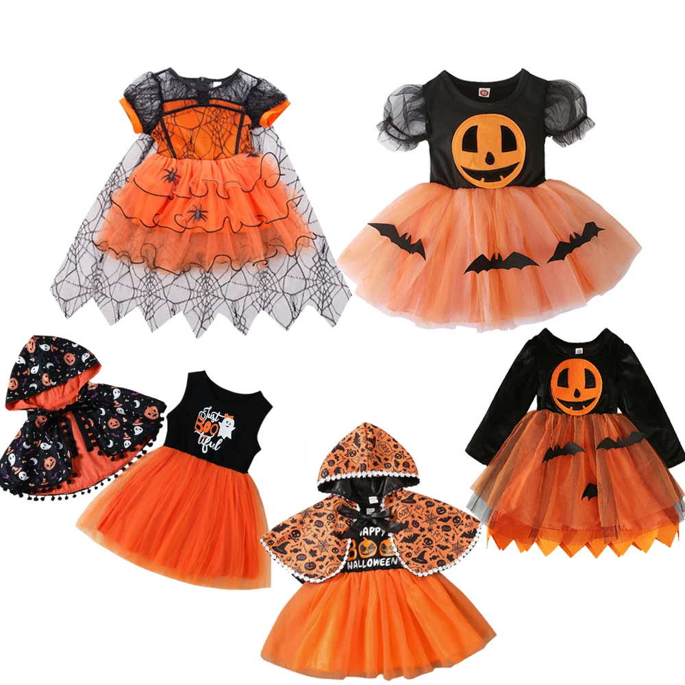 

Girls Pumpkin Halloween Dress for Kids Bat Print Mesh Ball Gown Tutu Dresses with Shawl Baby Carnival Easter Party Show Costumes