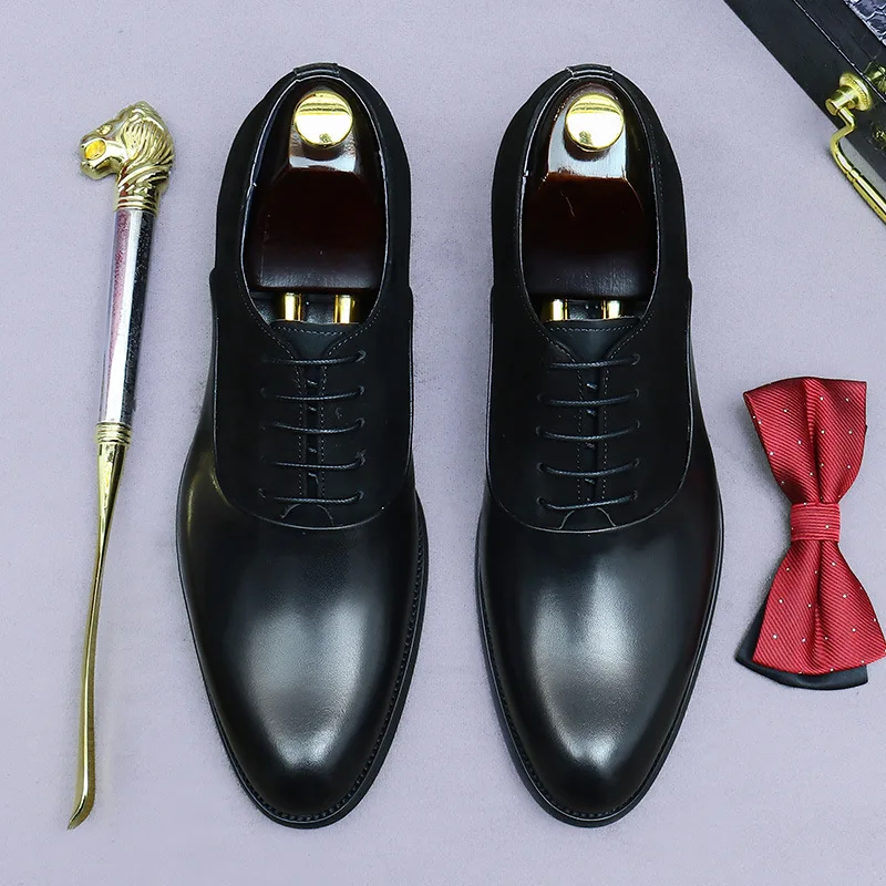 Mens Two Tone Genuine Leather Oxfords Matte Suede Patchwork Formal Dress Shoes for Men Lace Up Luxury Business Office Footwear