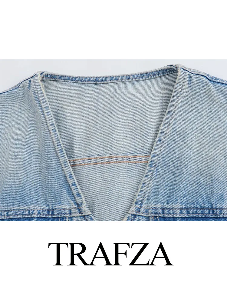 TRAFZA Summer Fashion Women Denim Jumpsuit Solid Color Short Sleeve V-Neck Pocket Decoration Jednorzędowe krótkie kombinezony