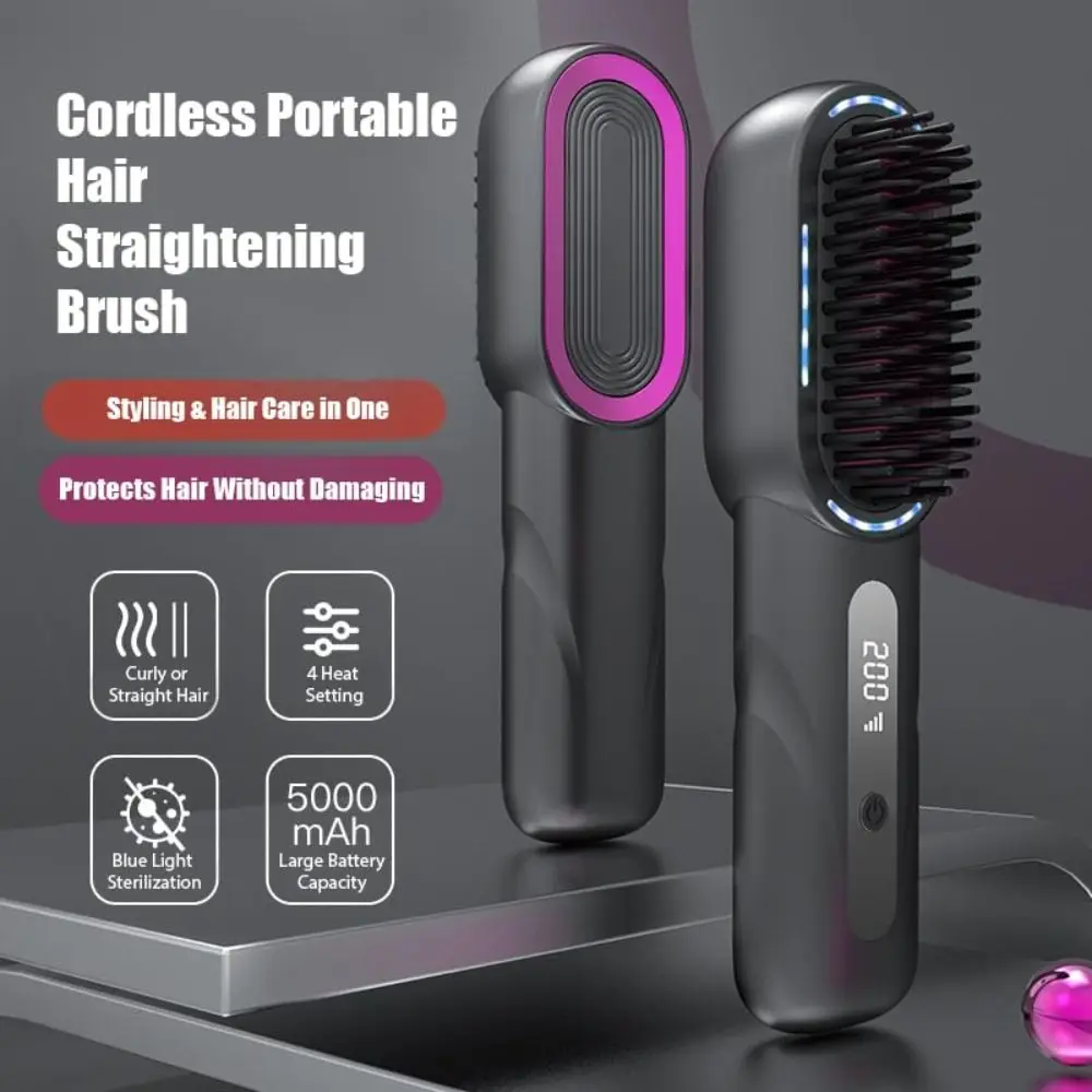 Portable Wireless Hair Straightener 4 Temp Settings Shrink Design Straight Hair Comb LCD Display Rechargeable Straightening Comb