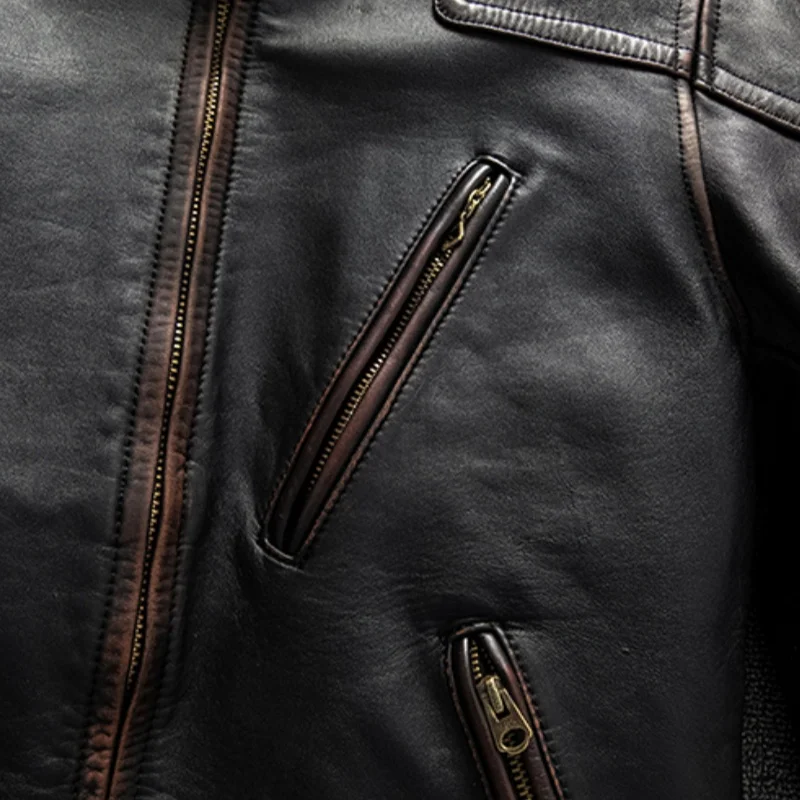 Vintage Black Autumn Leather Jacket Men Stand Collar Plus Size 5XL Natural Horsehide Slim Fit Short Genuine Leather Coat