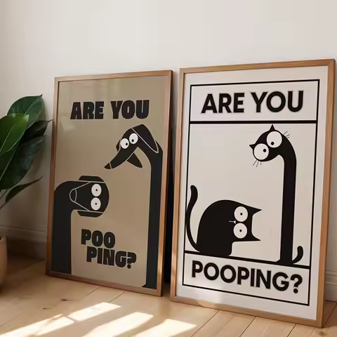 Funny Cat And Dog Bathroom Poster: "Are You Pooping?", Humorous Toilet Decoration, Wall Art, Bathroom Decoration.