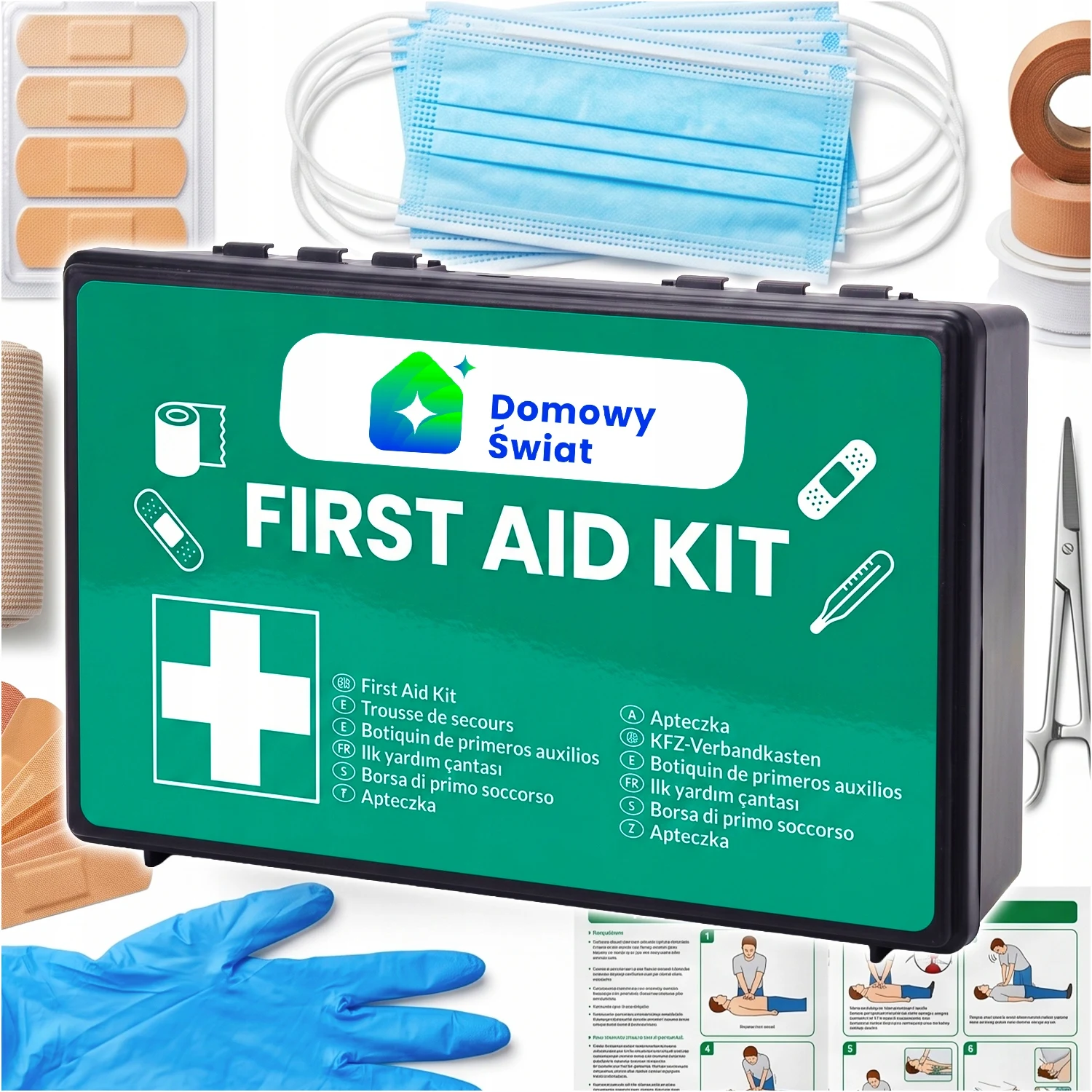 Auto-EHBO-kit DIN 13164:2022 in zwarte kunststof doos, complete EHBO-set met verbanden, 2 mondmaskers, 4 wegwerphandschoenen, compacte EHBO-kit voor auto, huis, kantoor, werkplaats, reizen, kamperen,