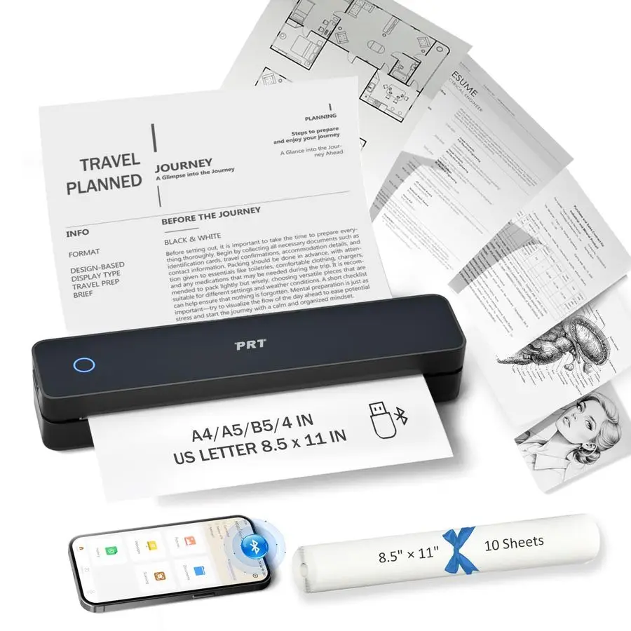 

Inkless Portable Printer, Wireless Thermal Printer for Travel Support 8.5x11 US Letter amp A4 B5, MT610 Small Bluetooth Mobile P