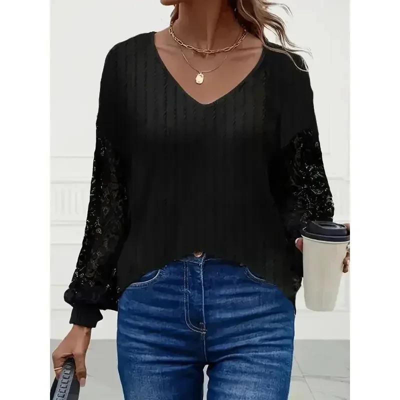 Plus Size 1XL-5XL Women\'s Casual Comfortable Loose T-shirt Ladies Fashion Solid Contrast Lace Lantern Sleeve V Neck Top