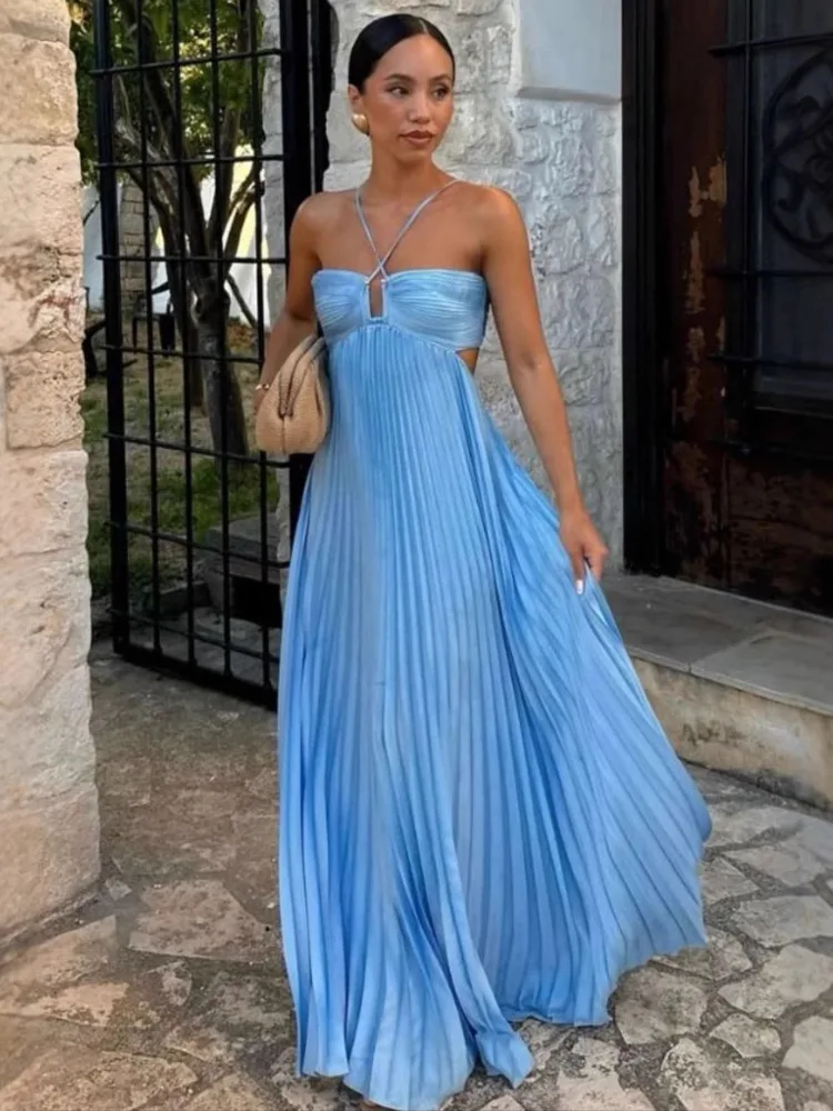 

Sexy Strapless Backless Ruched Long Dress For Women 2025 Summer New Solid Color Pleated Sleeveless Camisole Dress