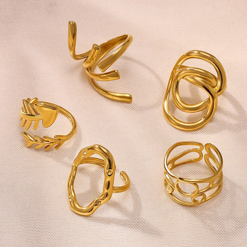 

2025 New Gold Color Line Combination Irregular Open Rings For Women Unisex Broad Surface Hollow Anillos Jewelry Aesthetic Gift