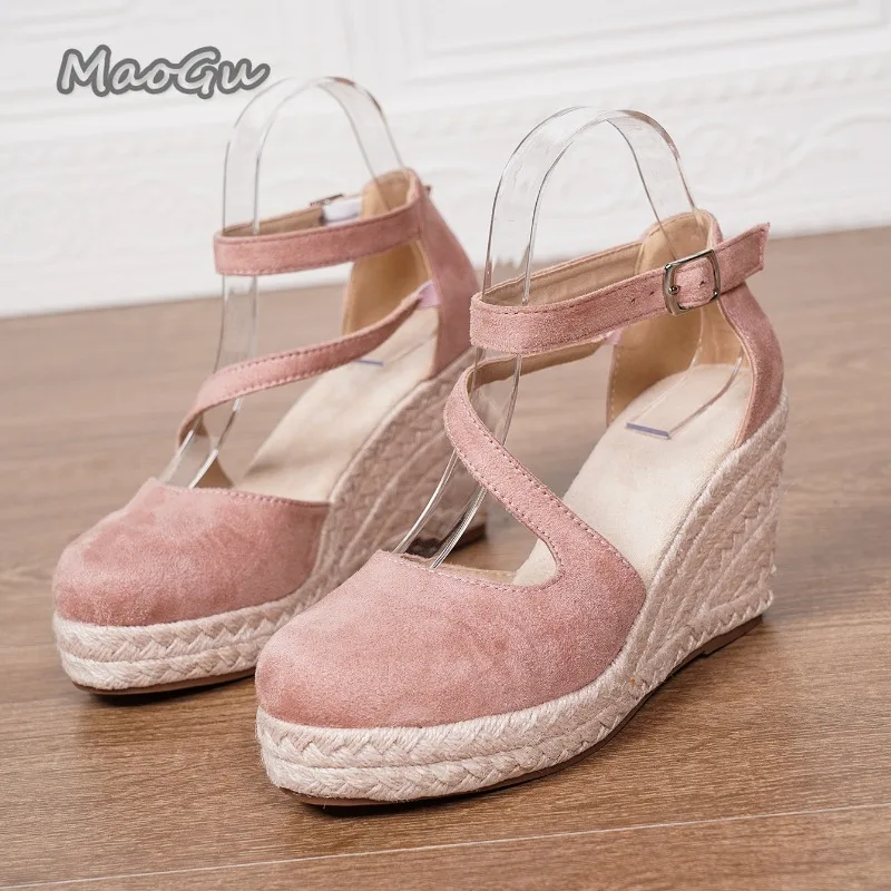34-43Size Women's Espadrille Wedge Sandals Suede Closed Toe Ankle Strap Platform Shoes Comfortable Wedge Heels for Summer Casual view 5