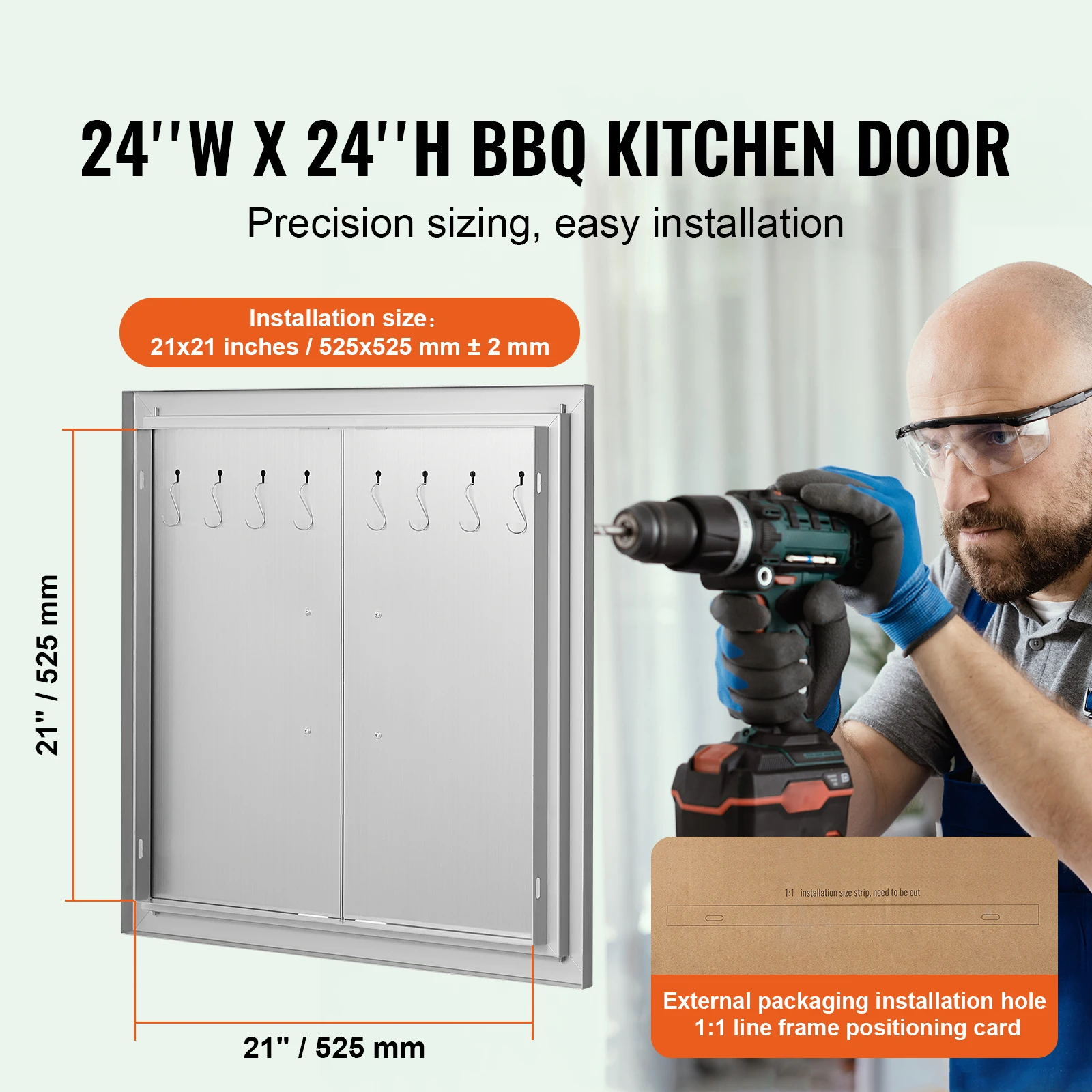 BBQ Access Door, 24W x 24H Inch Double Outdoor Kitchen Door, Stainless Steel Flush Mount Door, Double Wall Vertical Door with Handles and Hooks, Grilling Station, Outside Cabinet