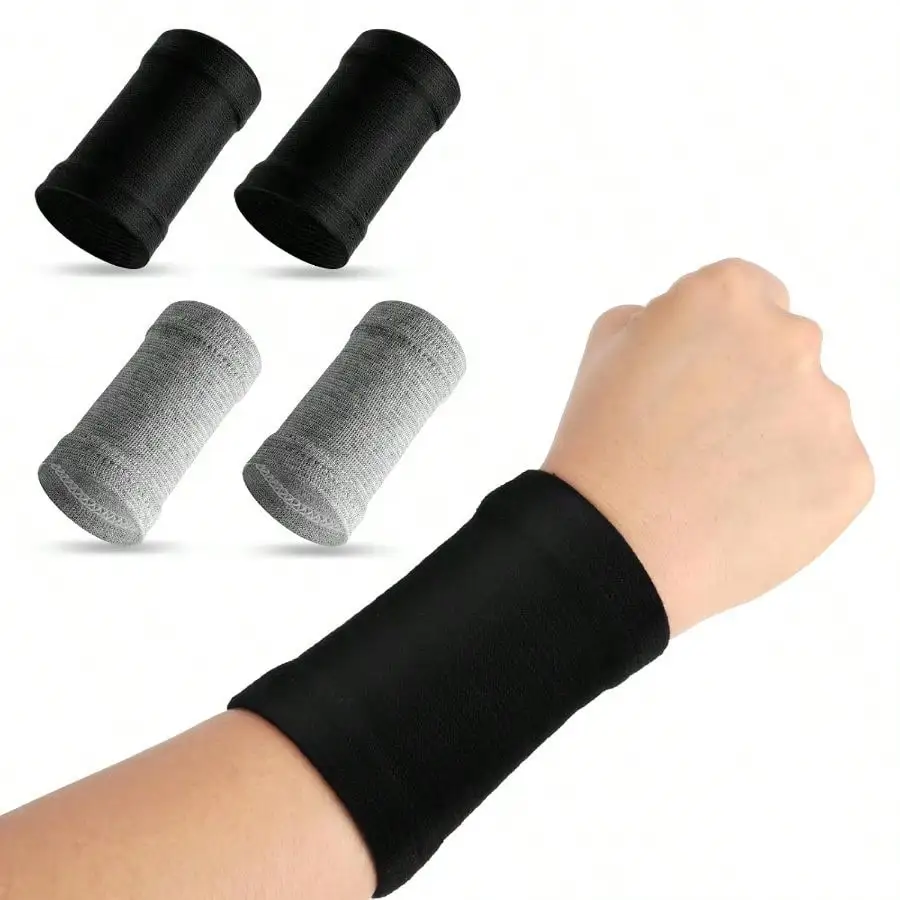 Wrist Compression Sleeve, 2 Pairs Spandex Soft Elastic Wrist Brace Hand Band Sport Support Wraps Arthritis Pain Relief Men Women Work Gym Typing Golf Volleyball(Gray+Black)