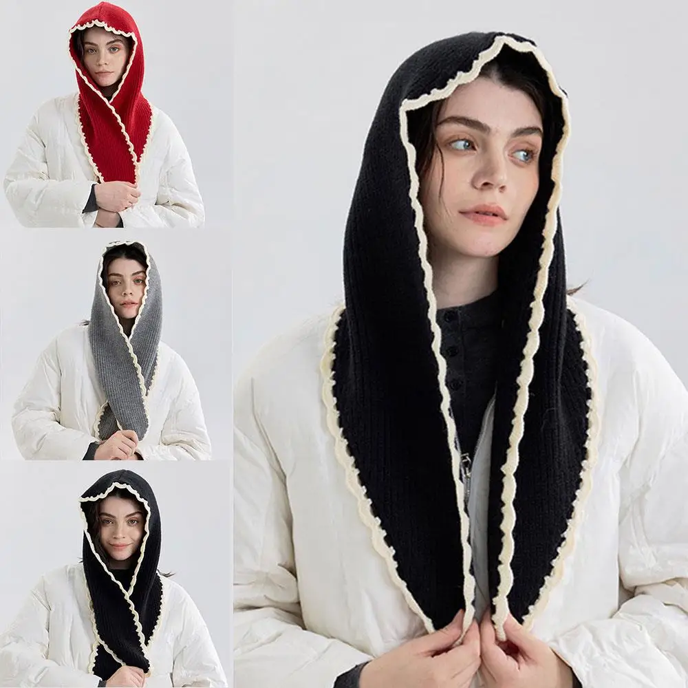 

Женский шарф с волнистыми краями, шерстяная вязаная шапка, зимняя теплая шапка-глушитель, кружевная Балаклава, мягкая термошаль, модная бандалетная кепка